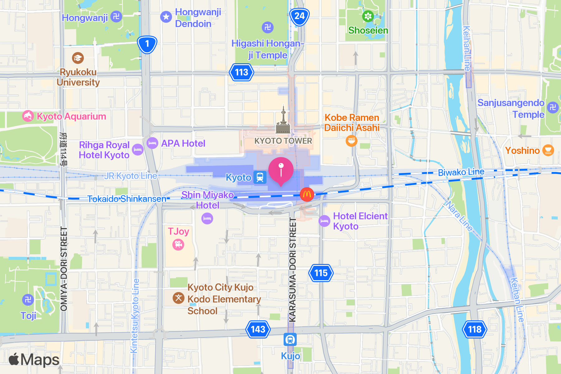 A map showing the location of Kyoto Station (京都駅).