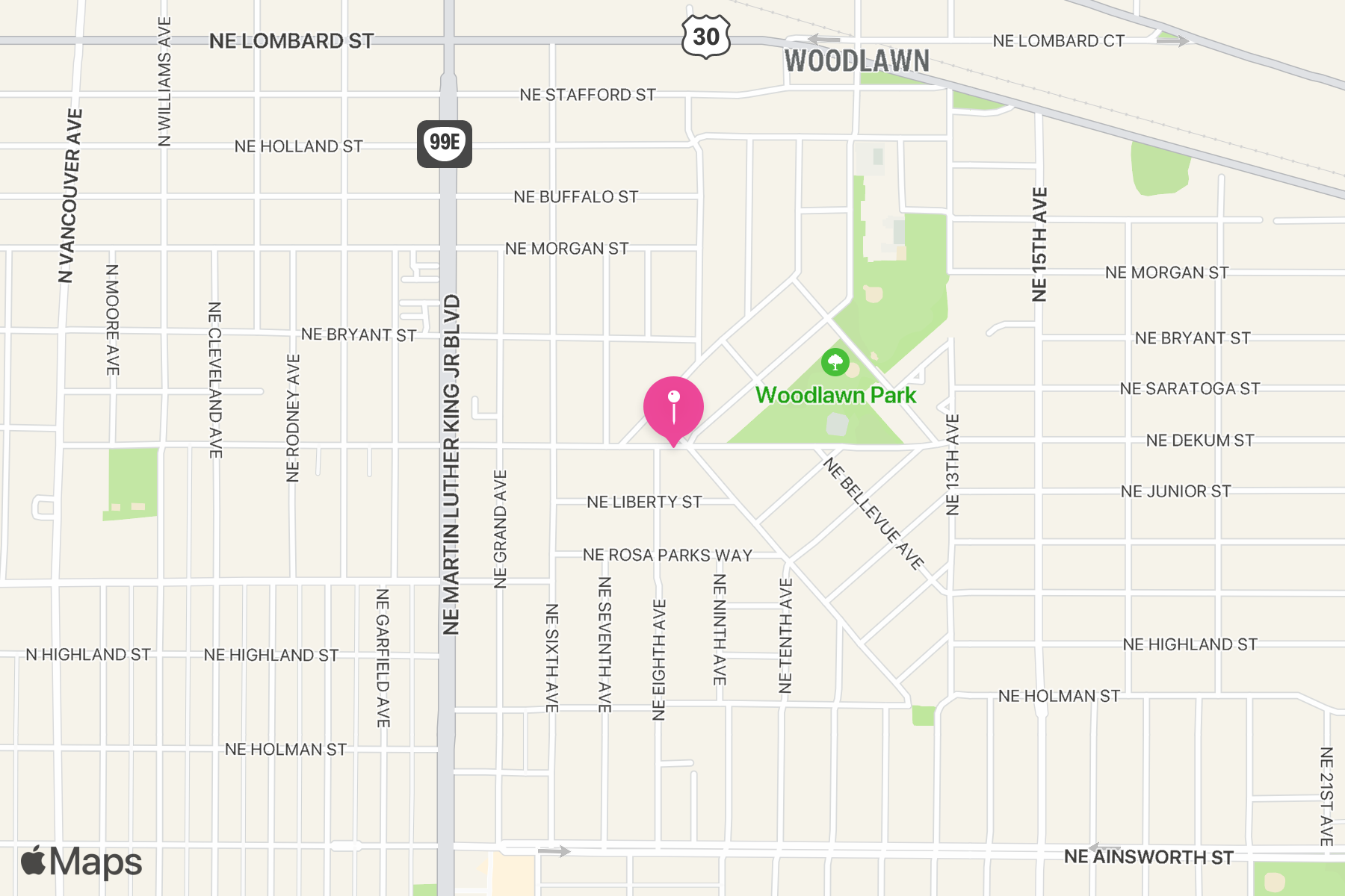 A map showing the location of Woodlawn Coffee and Pastry.