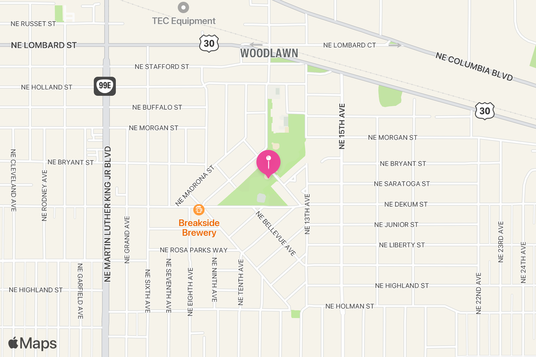A map showing the location of Woodlawn Park.