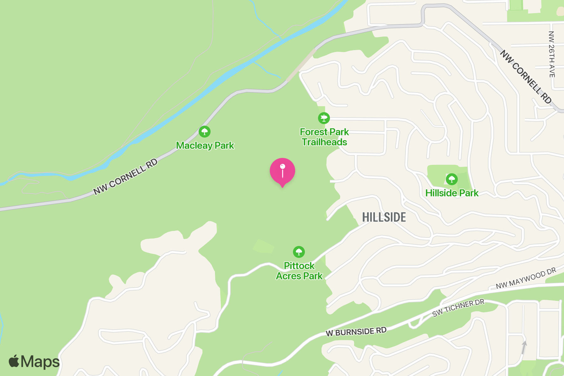 A map showing the location of Forest Park - Wildwood Trail.