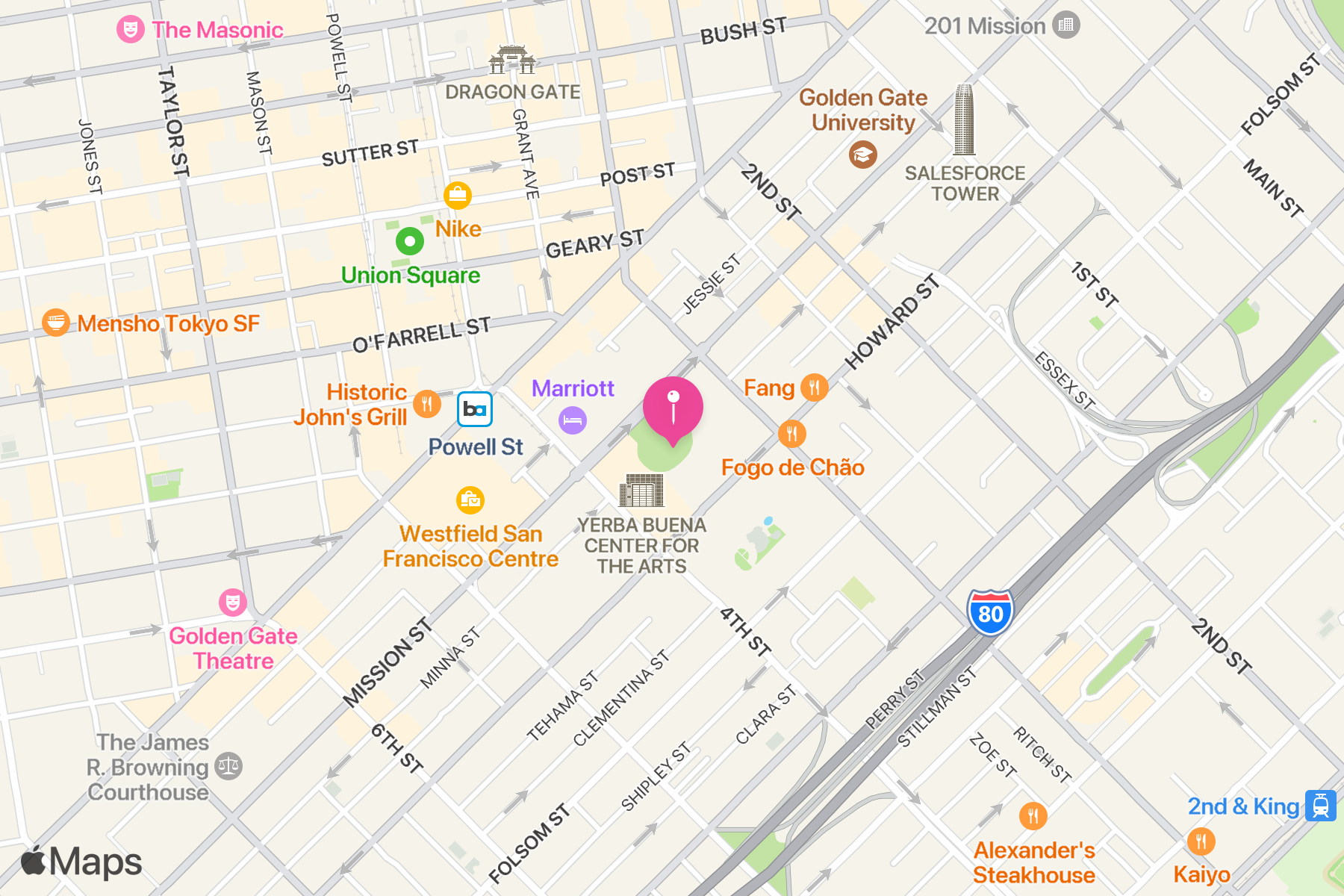 A map showing the location of Yerba Buena Gardens.