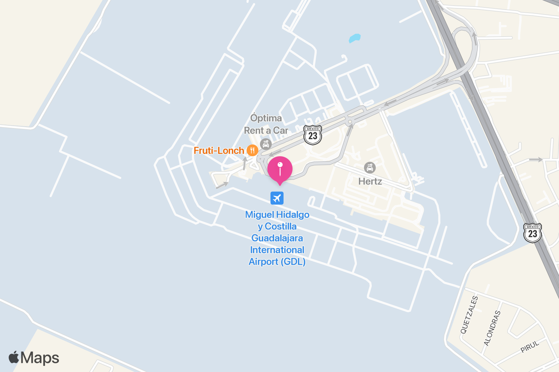 A map showing the location of Guadalajara International Airport (GDL) (Aeropuerto Internacional de Guadalajara Miguel Hidalgo y Costilla).
