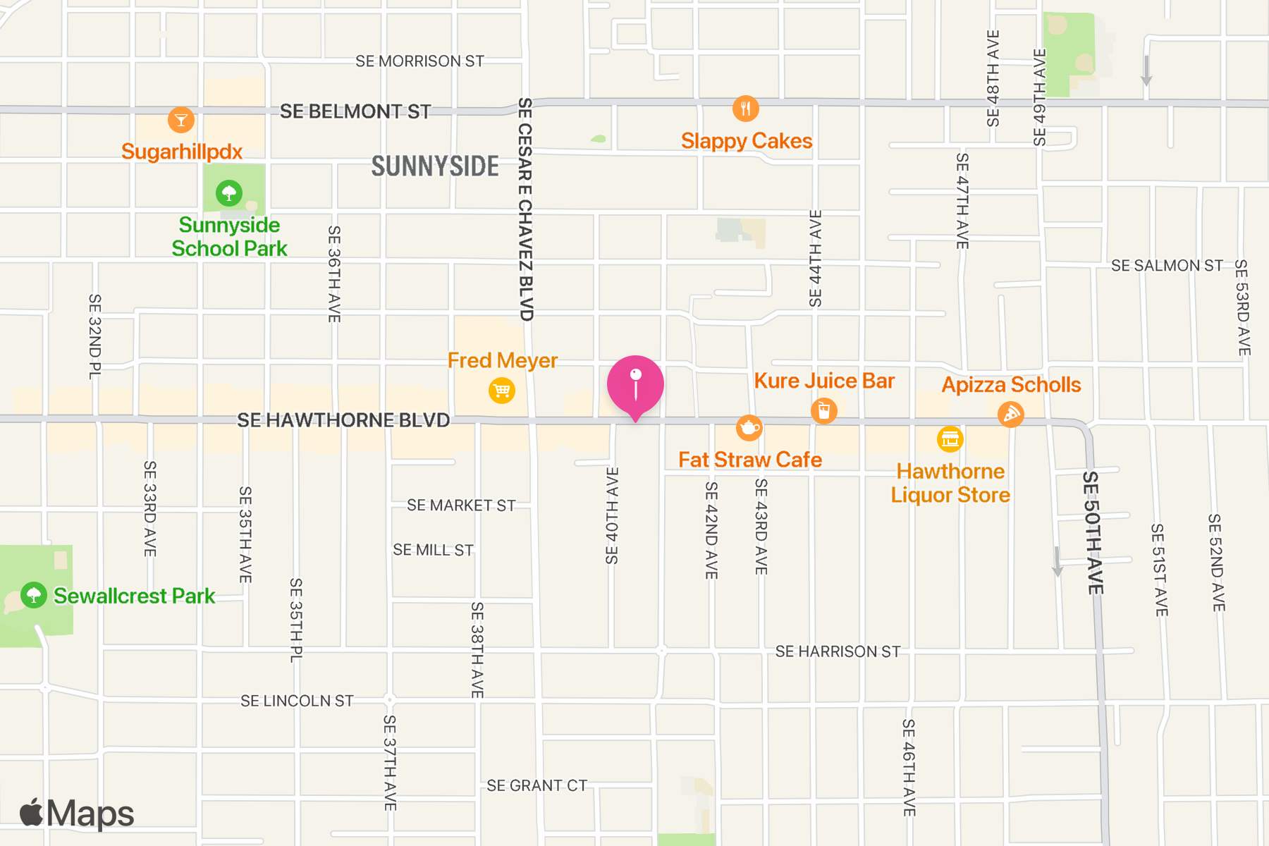 A map showing the location of New Seasons Market.