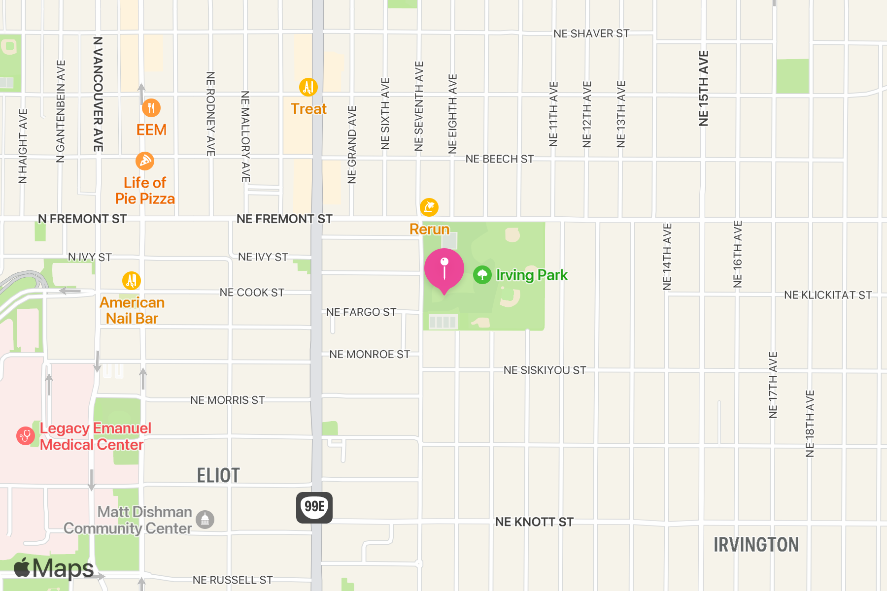 A map showing the location of Irving Park.