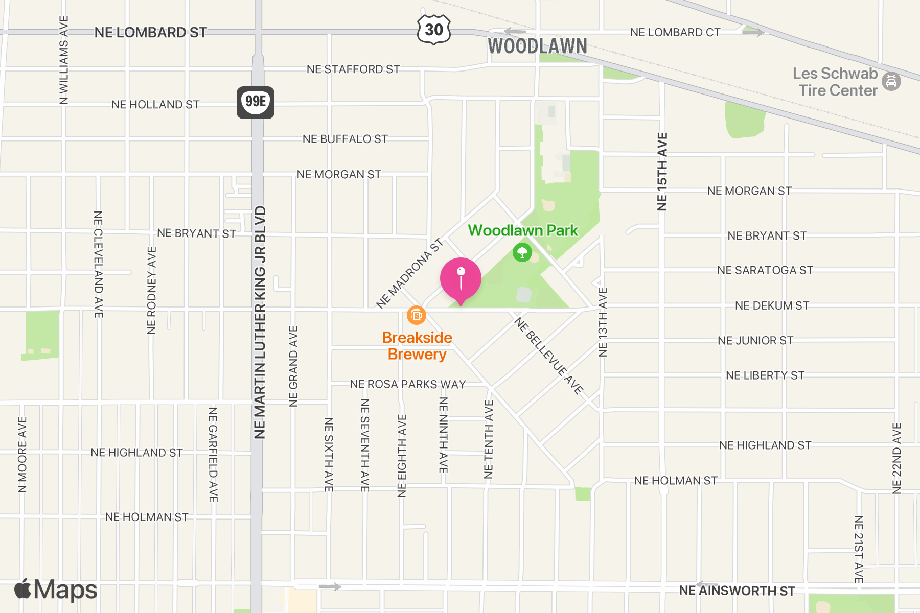 A map showing the location of Woodlawn Neighborhood.
