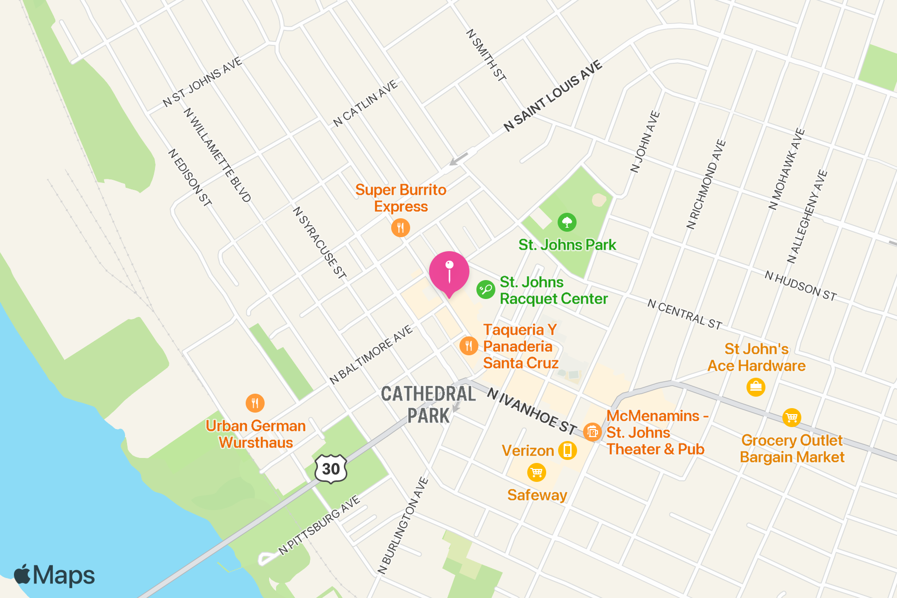 A map showing the location of Cathedral Eye Care.