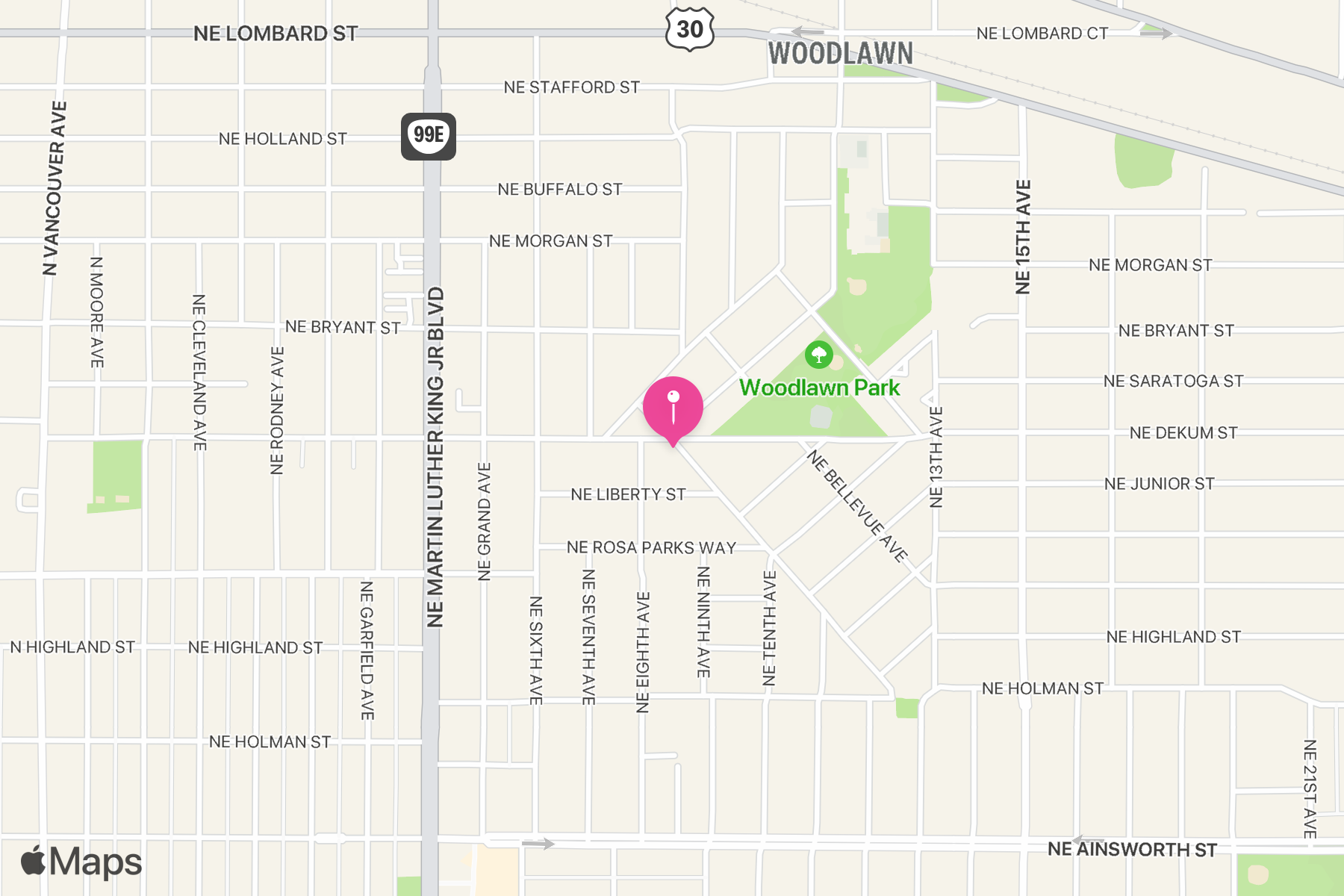 A map showing the location of Breakside Brewery.