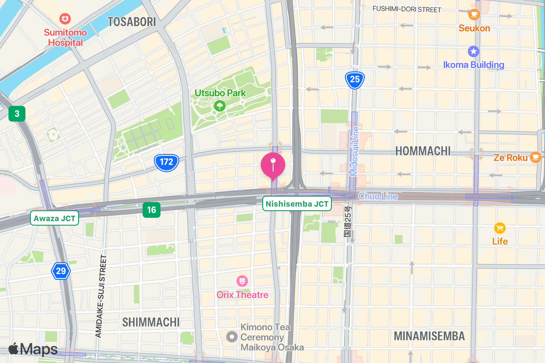 A map showing the location of Yotsubashi Line Hommachi Station (Y13) (四つ橋線 本町駅).