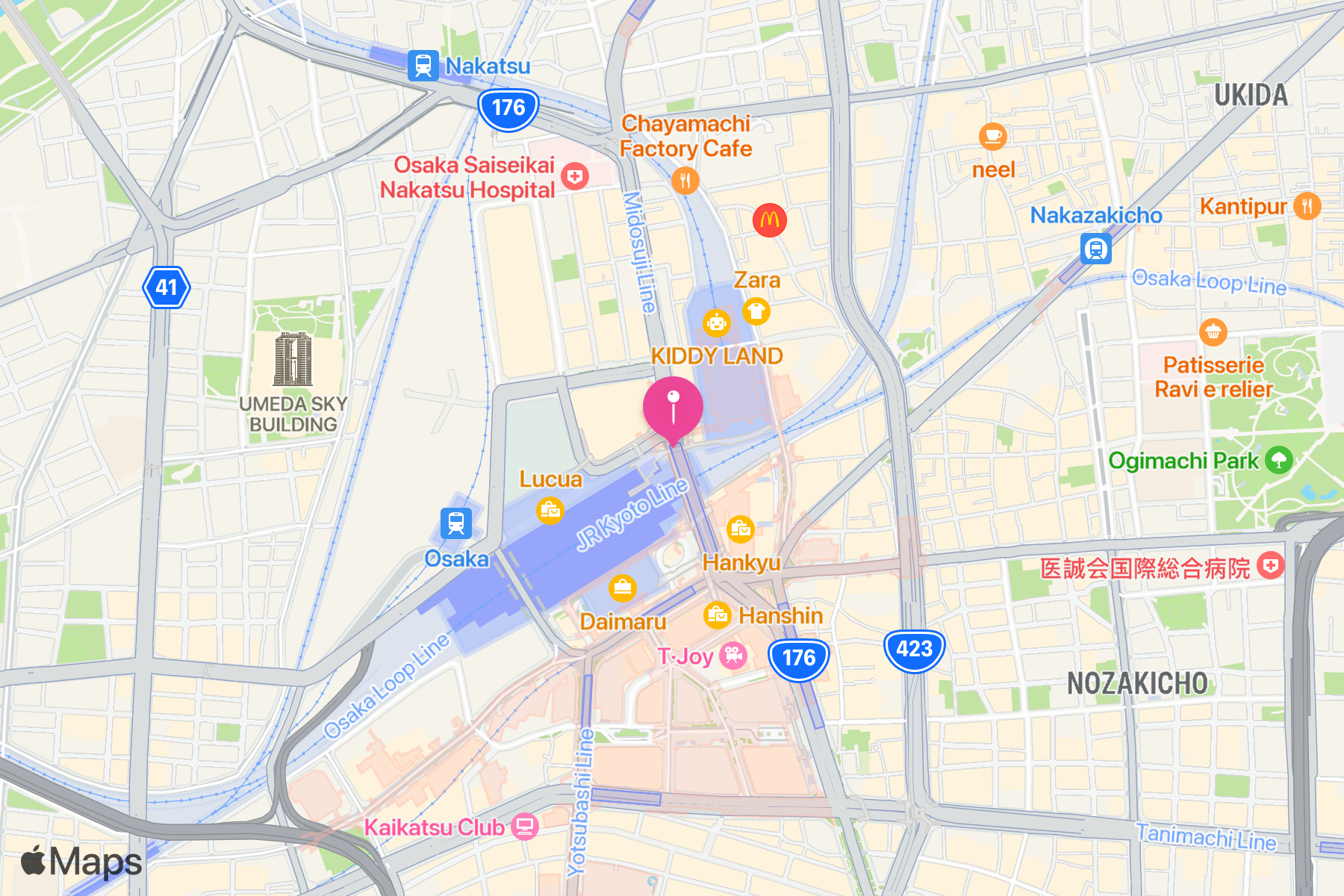 A map showing the location of Midosuji Line Umeda Station (M16) (御堂筋線 梅田駅).