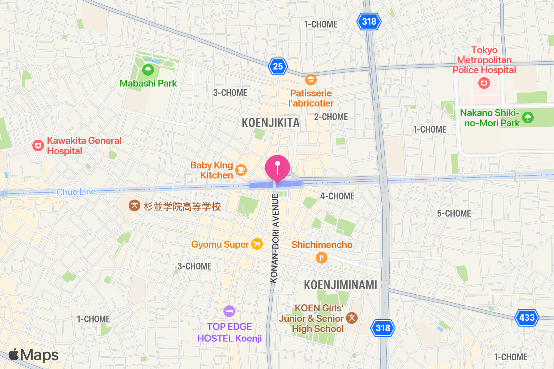 A map showing the location of Kōenji Station (高円寺駅).