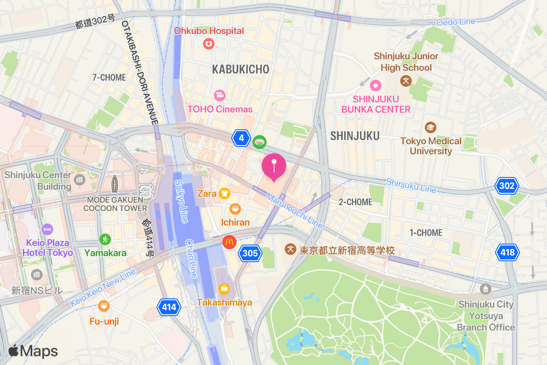 A map showing the location of Isetan (伊勢丹 新宿店).