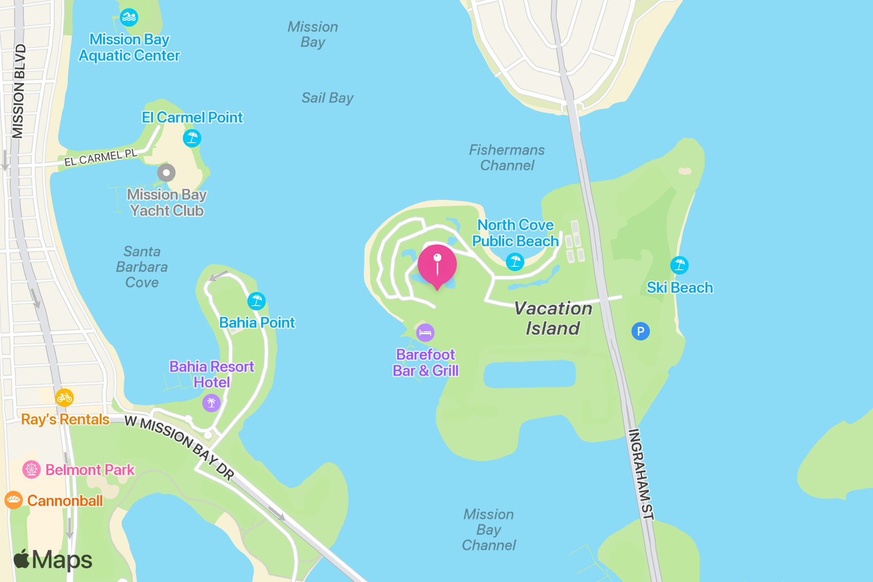 A map showing the location of Paradise Point Resort & Spa.