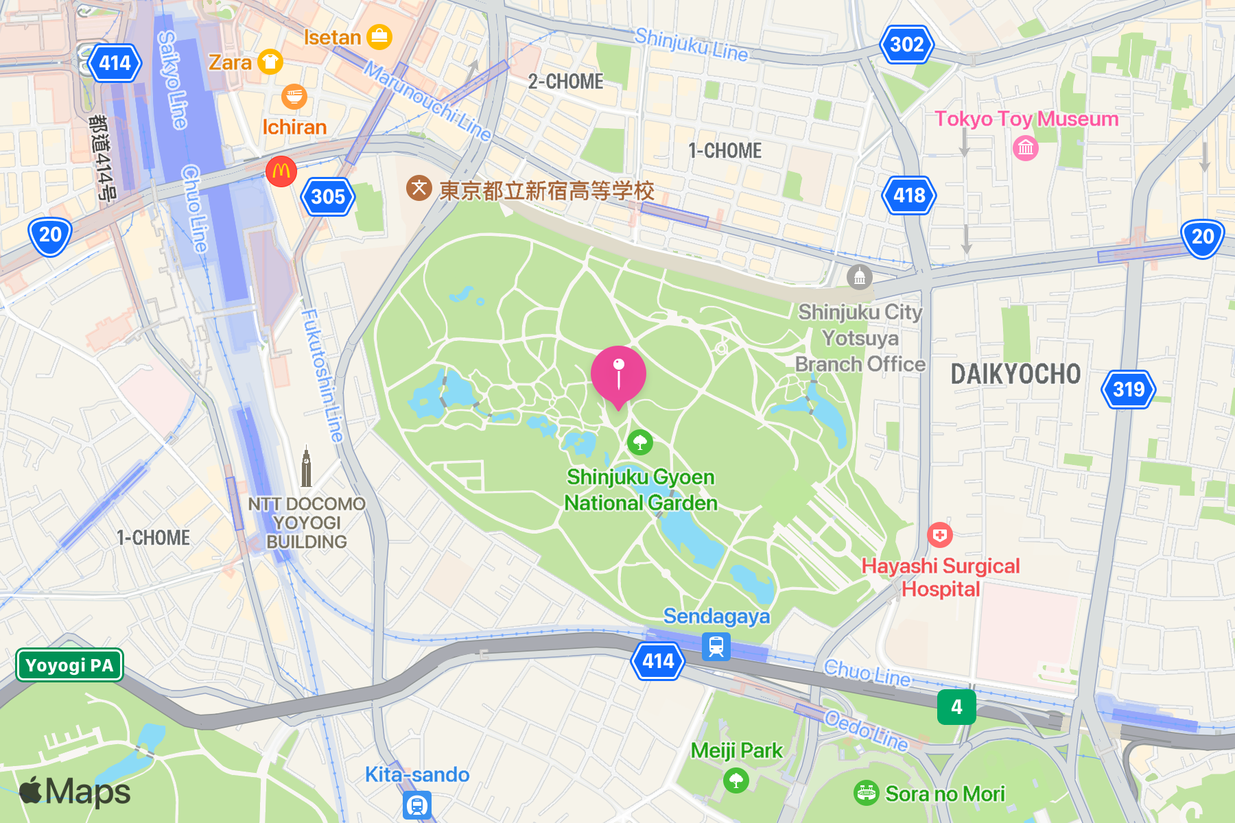 A map showing the location of Shinjuku Gyoen (新宿御苑).