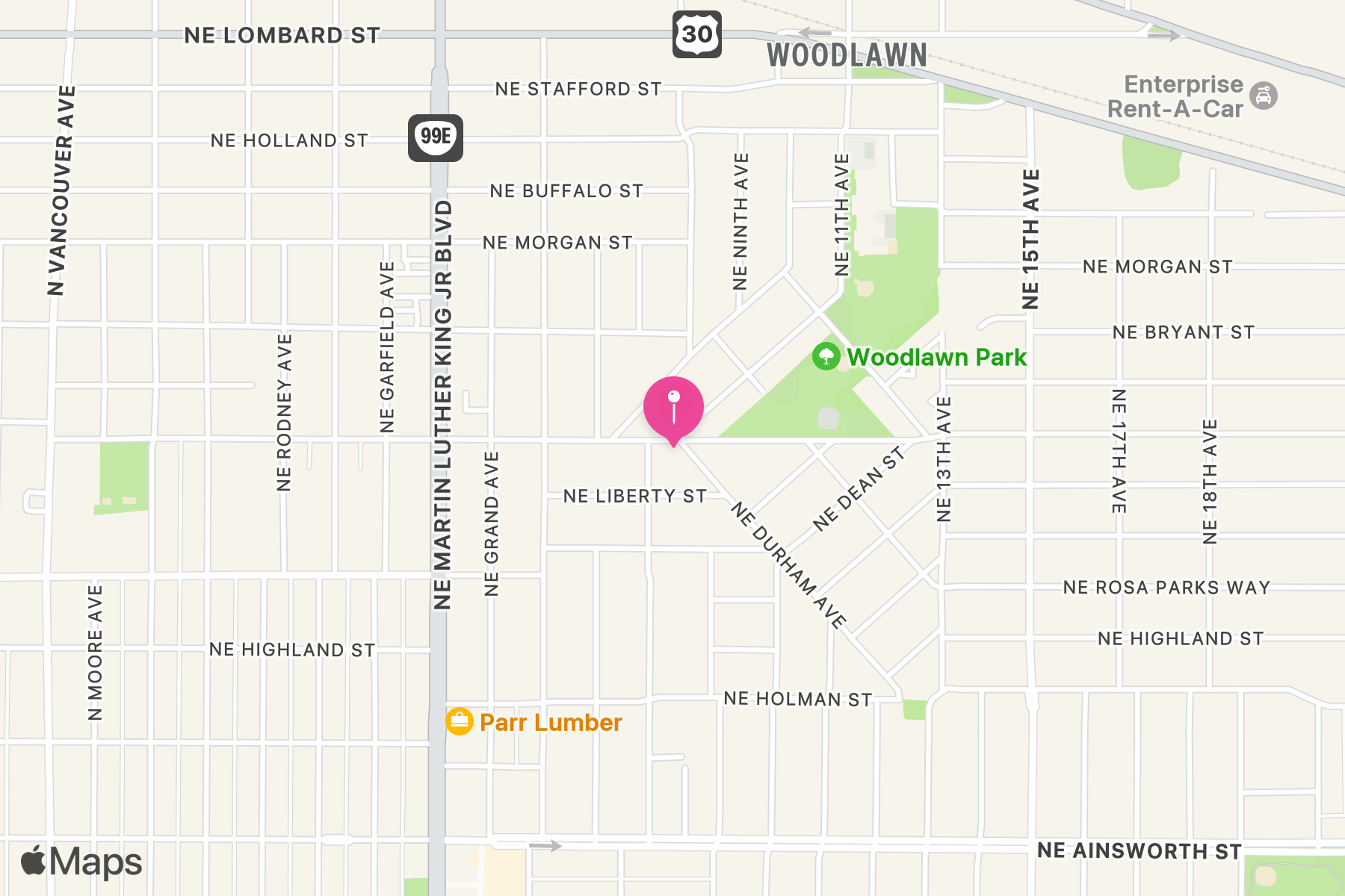 A map showing the location of Breakside Brewery.