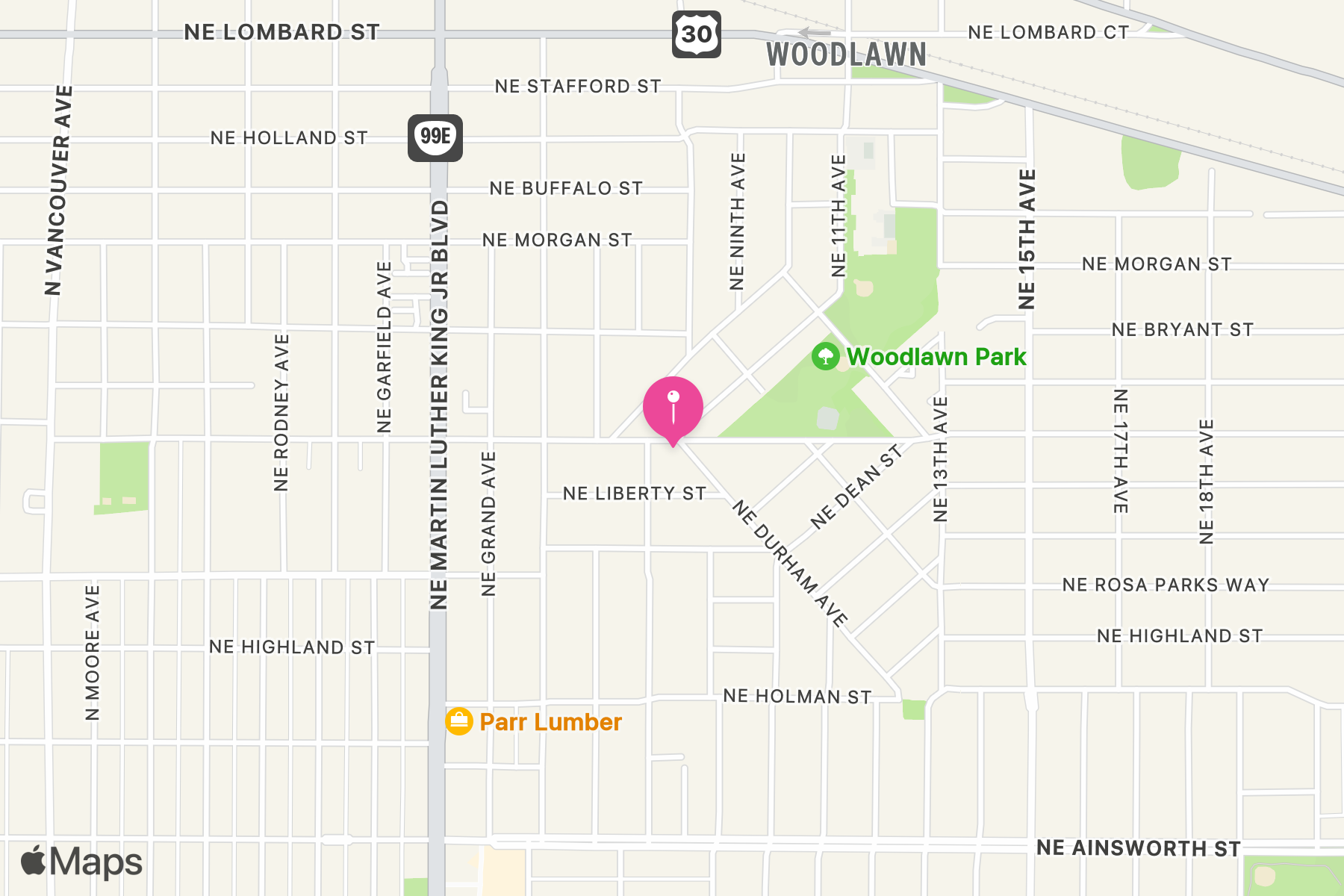 A map showing the location of Breakside Brewery.