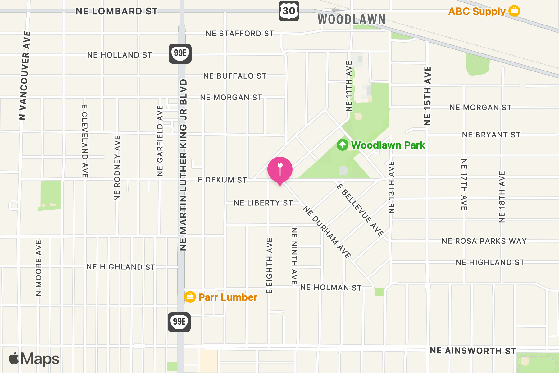 A map showing the location of Breakside Brewery.