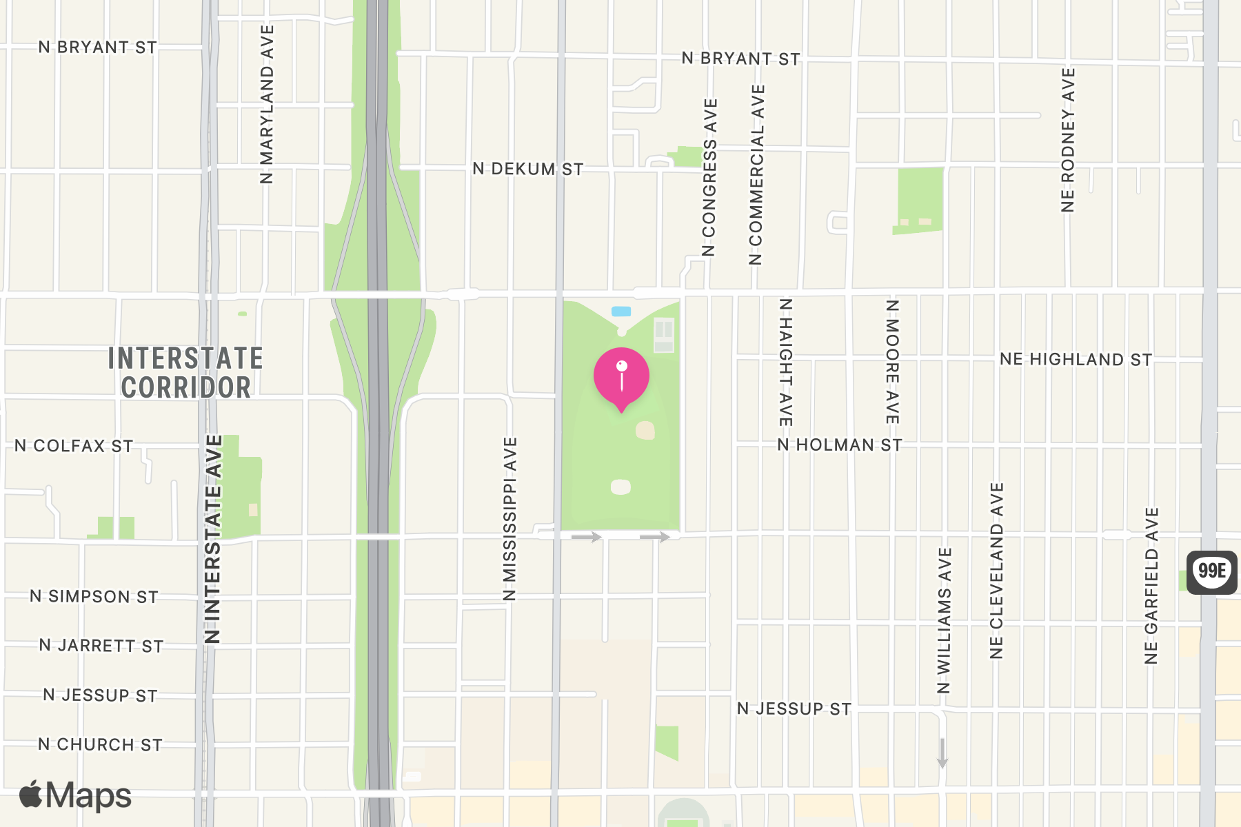 A map showing the location of Peninsula Park Rose Garden.